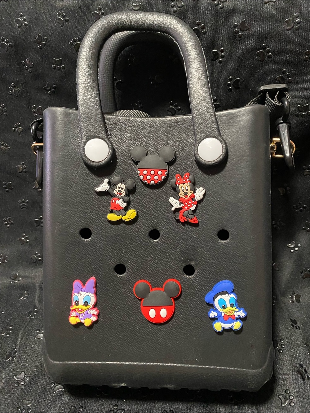 Black Mini Tote Bag with Cartoon Charm Accents